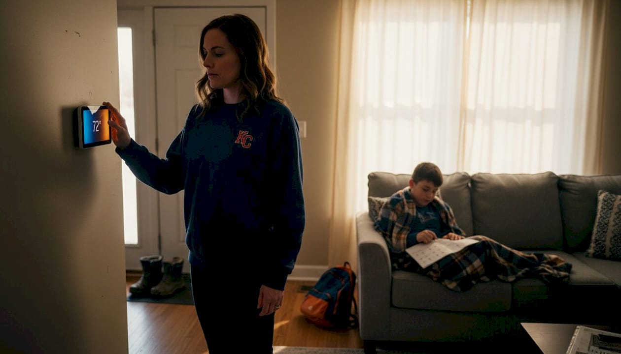 Family adjusting thermostat for winter comfort