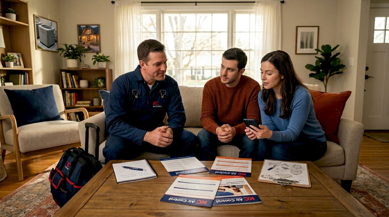 HVAC contractor discussing financing with homeowners