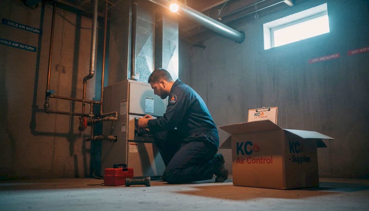 Technician tunes up basement furnace unit