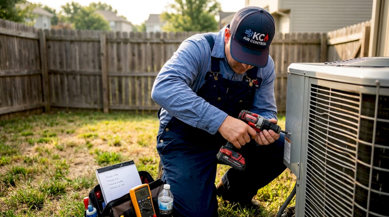 HVAC technician maintaining outdoor residential AC unit
