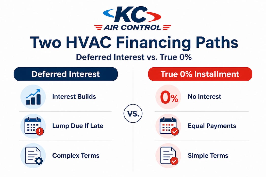 Infographic comparing deferred interest and true 0% HVAC financing