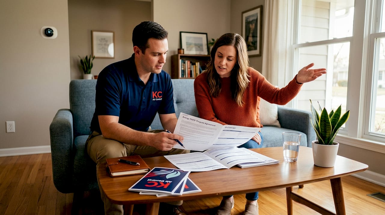 Utility rep explains PAYS HVAC paperwork to homeowner