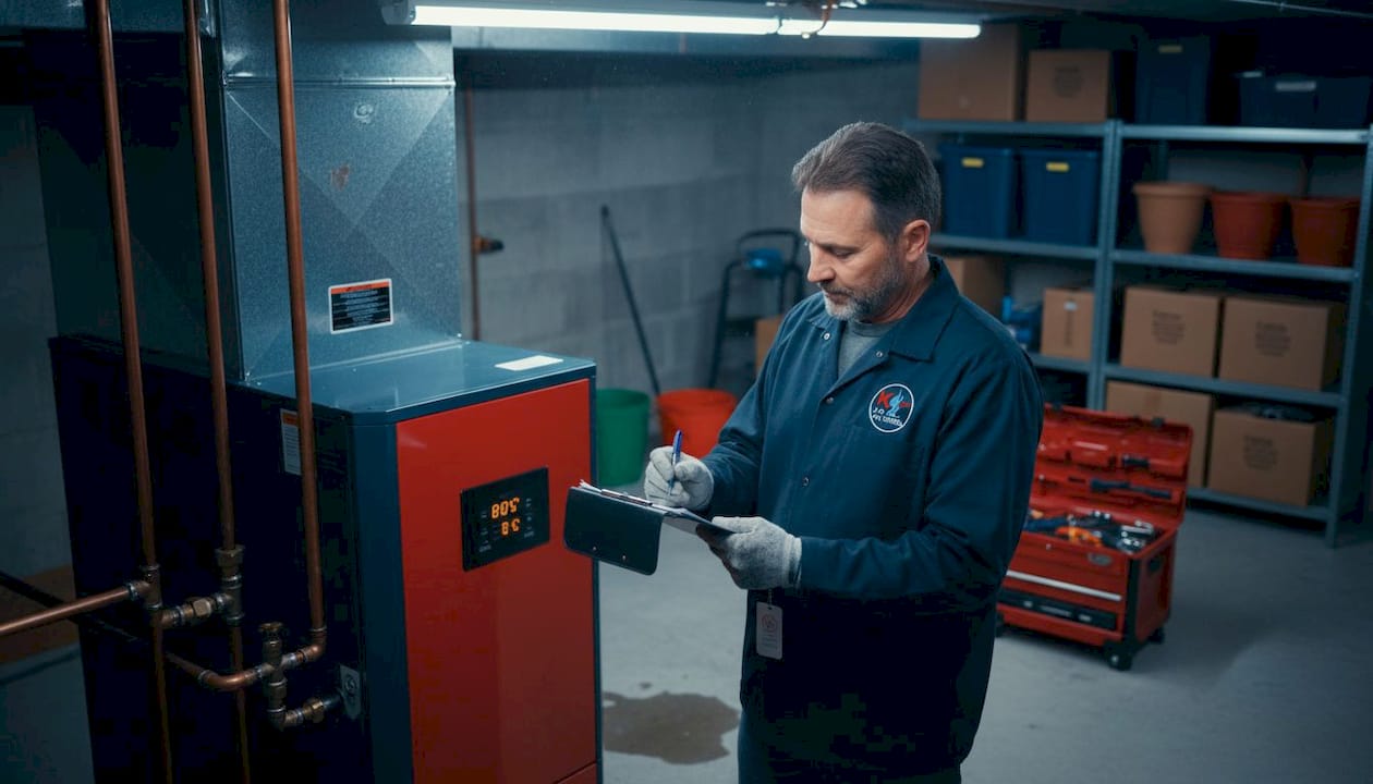 Technician maintaining hybrid hvac system winter