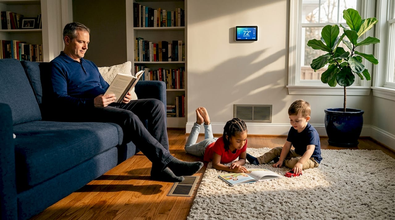 Family relaxing with HVAC vent and thermostat visible
