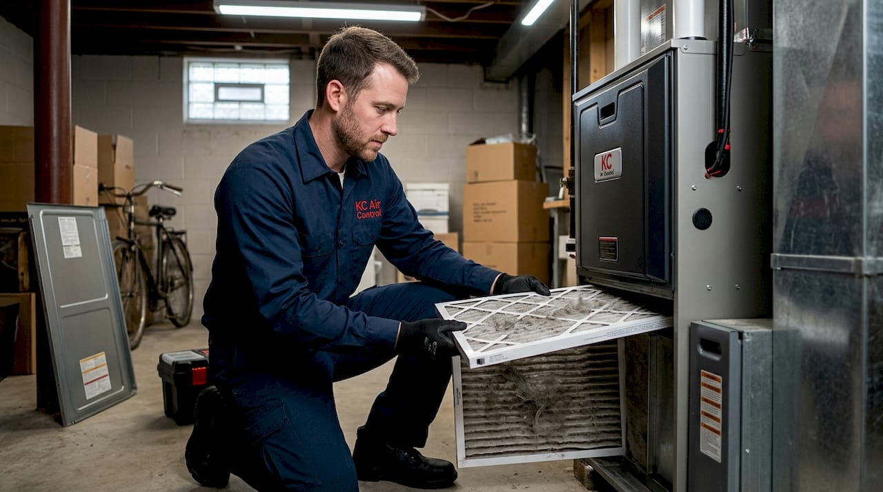 Technician inspecting dusty air filter in home basement