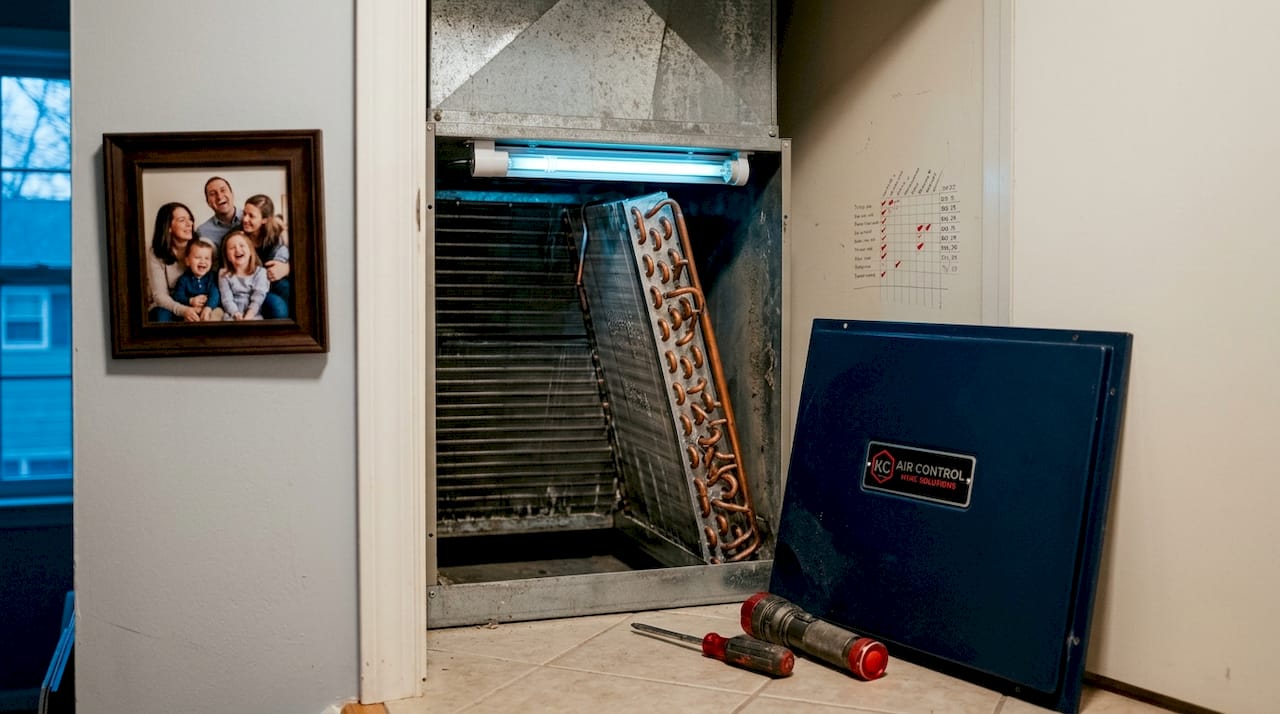Close-up of UV lamp over HVAC cooling coil