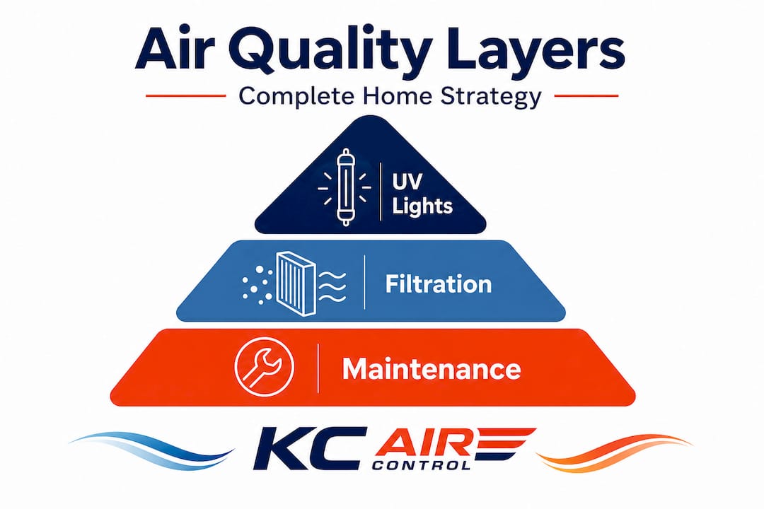 Pyramid infographic of UV, filtration, maintenance