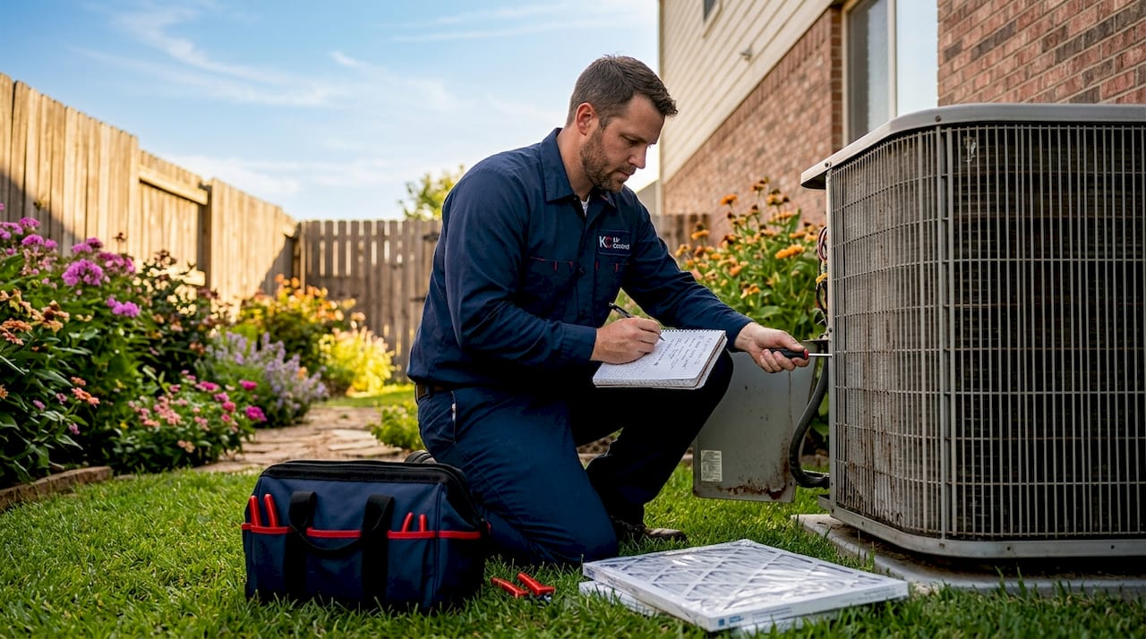 Technician inspecting central air conditioner outdoors