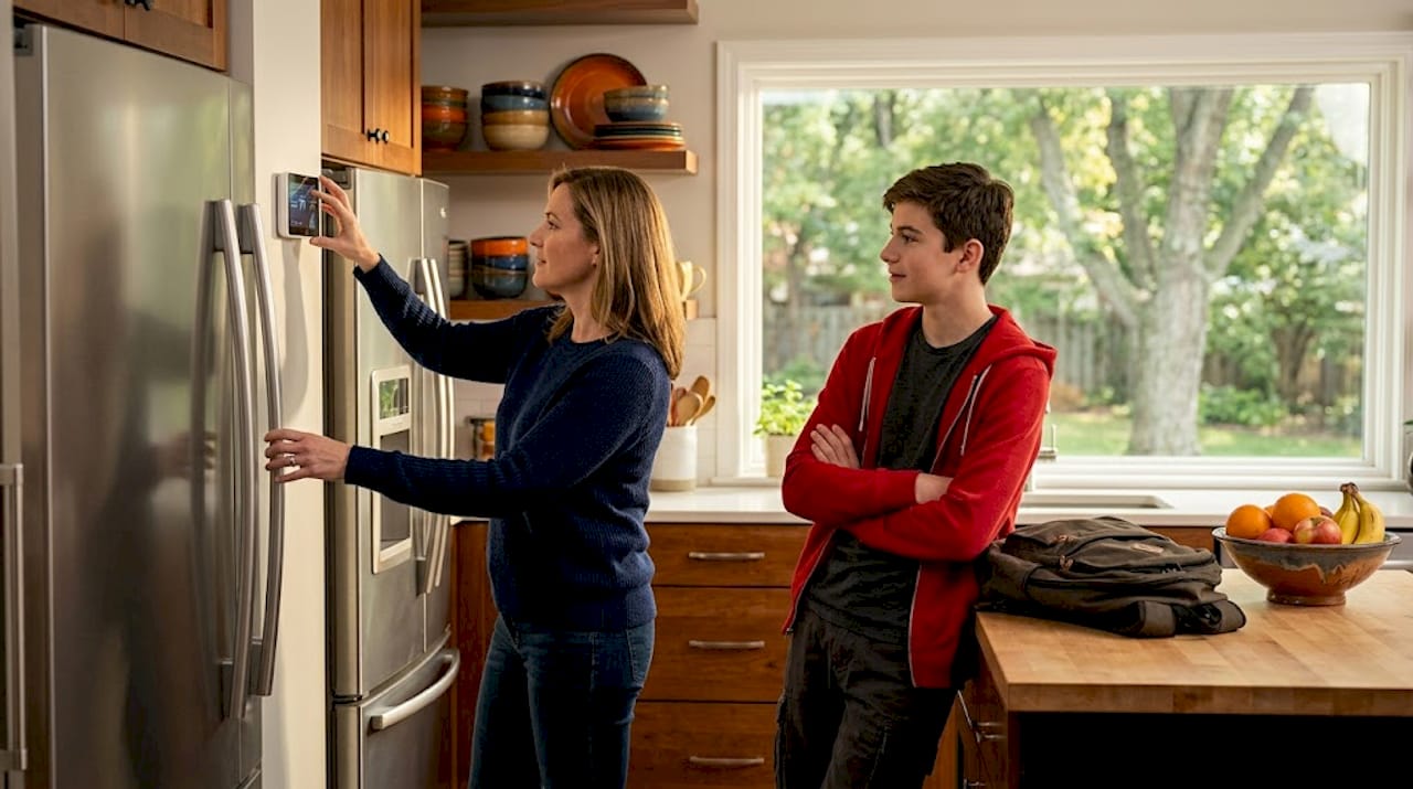 Mother and son adjust hallway thermostat