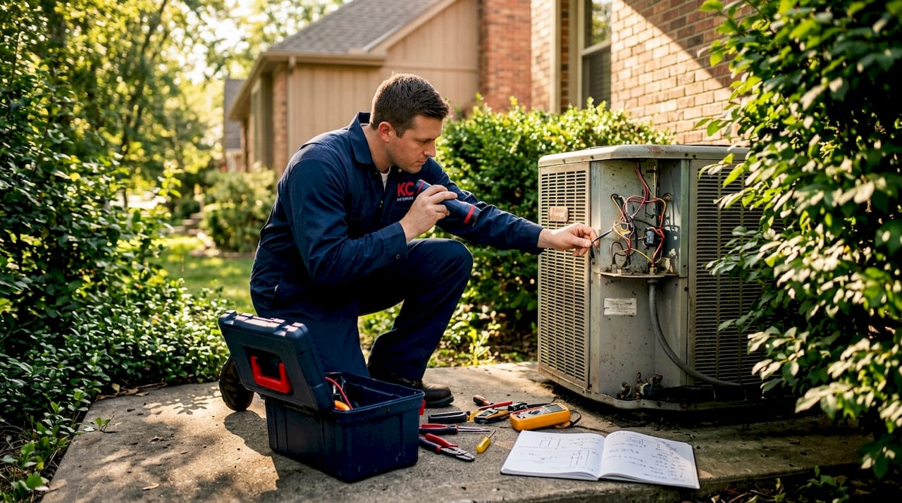 Technician inspects outdoor central AC in Kansas City