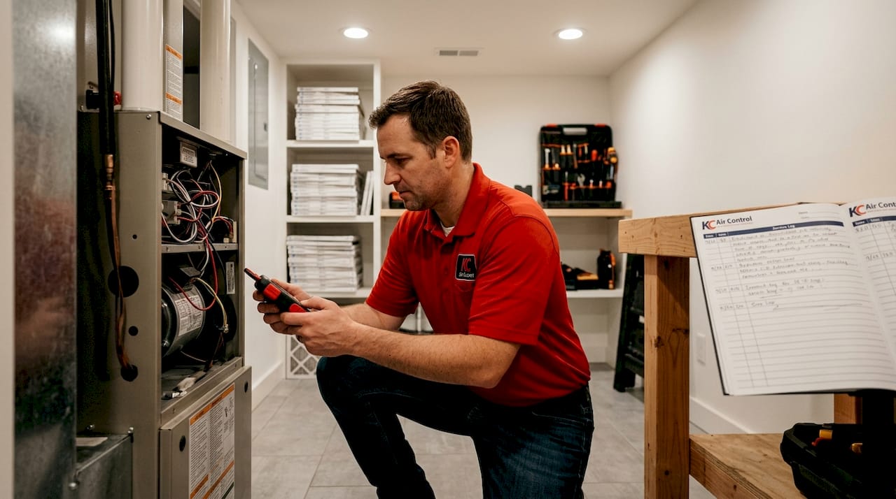 Technician performing AC system maintenance