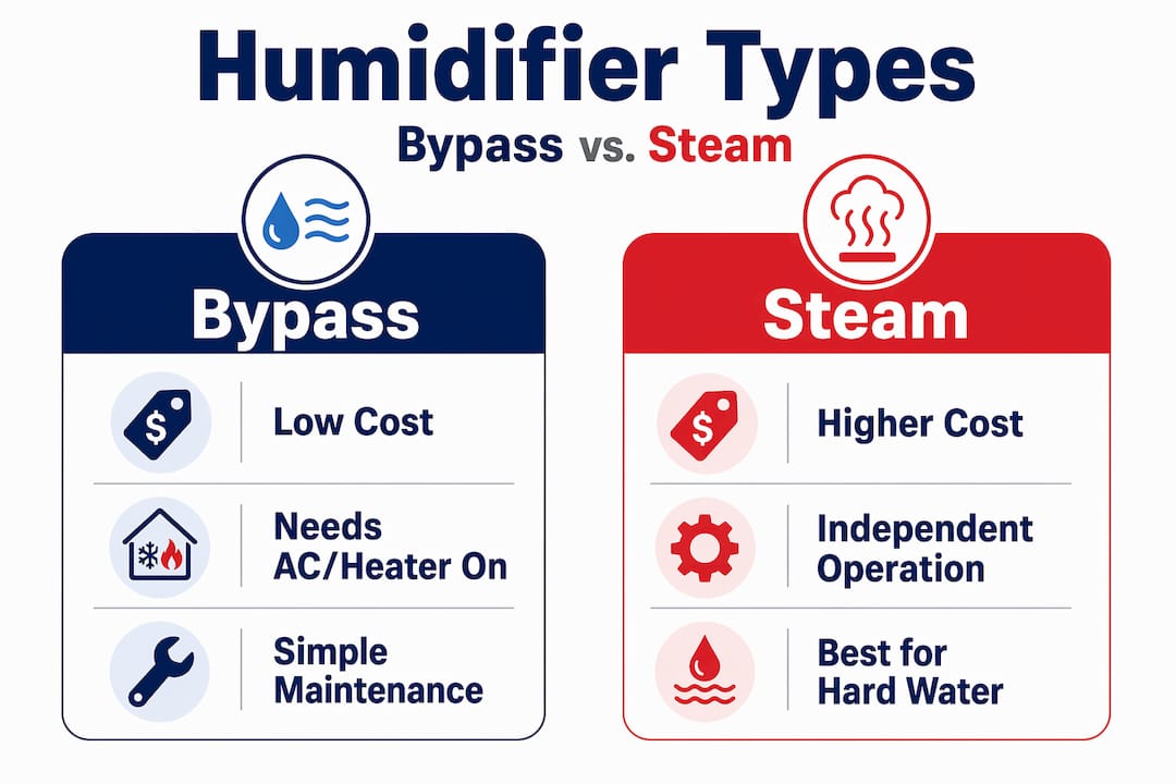 Infographic comparing bypass and steam humidifiers