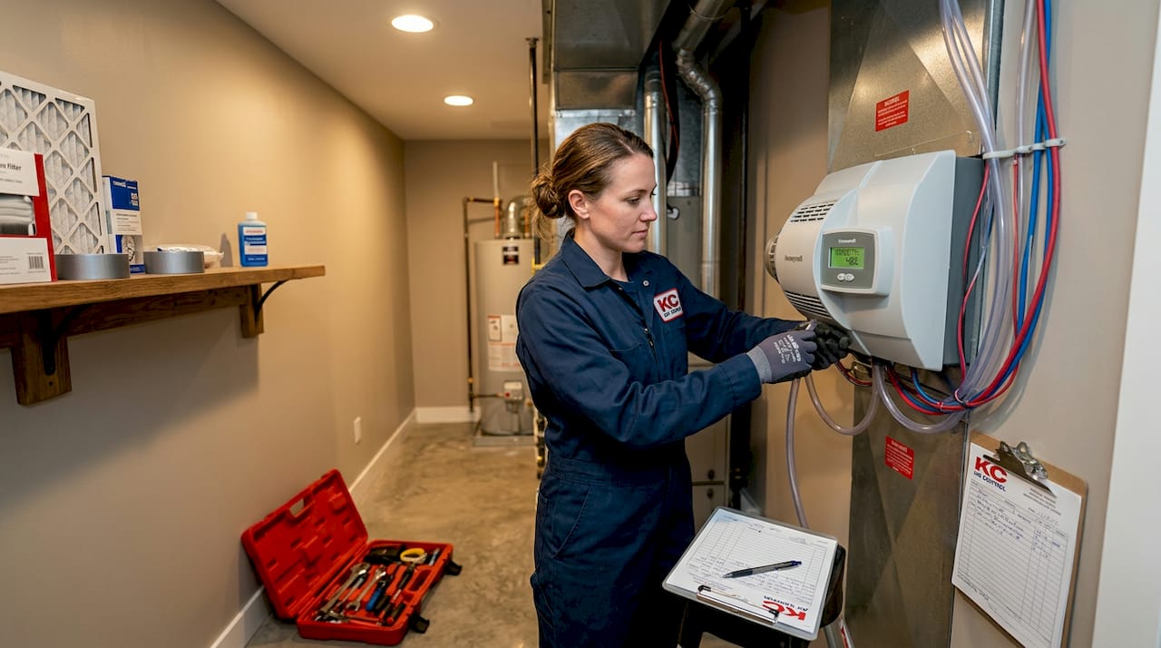 Technician installing steam humidifier in home ductwork