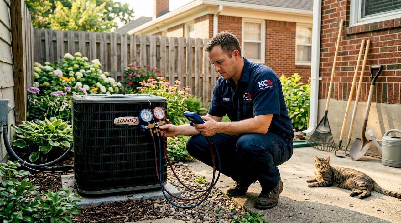 HVAC technician tests outdoor AC unit for leaks