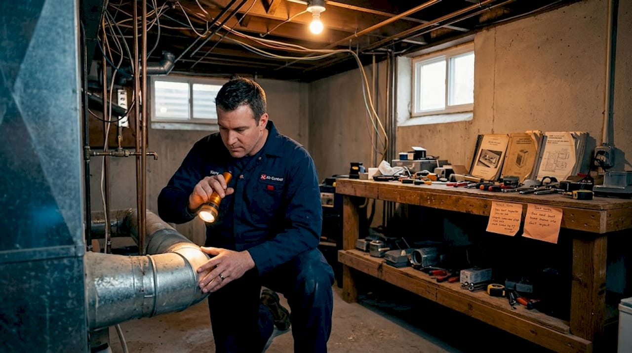 Technician inspecting duct joint for leaks