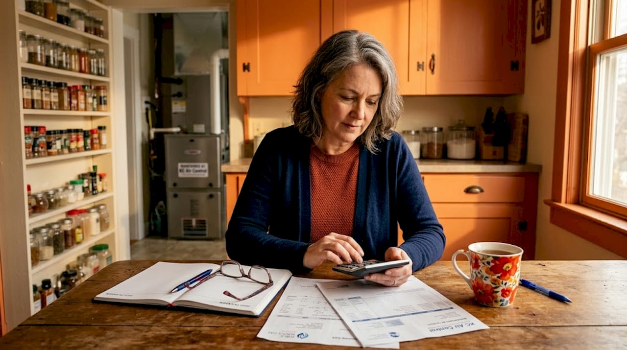 Woman calculates heating savings at kitchen table