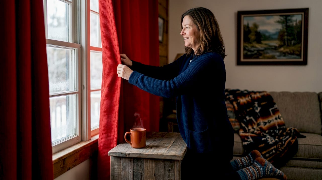 Woman closing insulated curtains on window