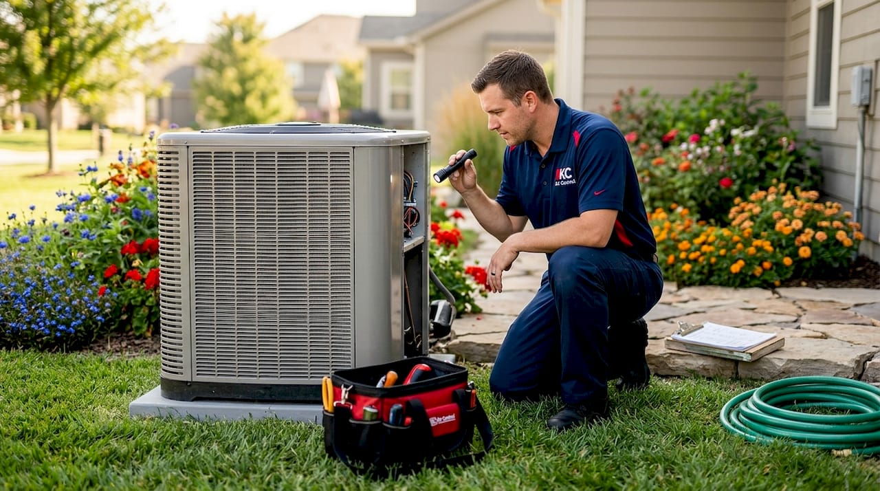 Technician inspecting home cooling unit