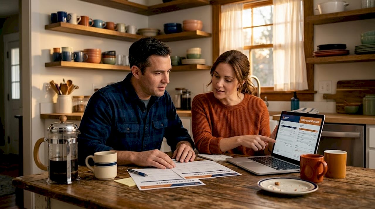 Couple reviewing ac repair versus replacement