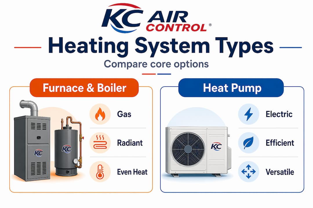 Split comparison infographic of heating system types