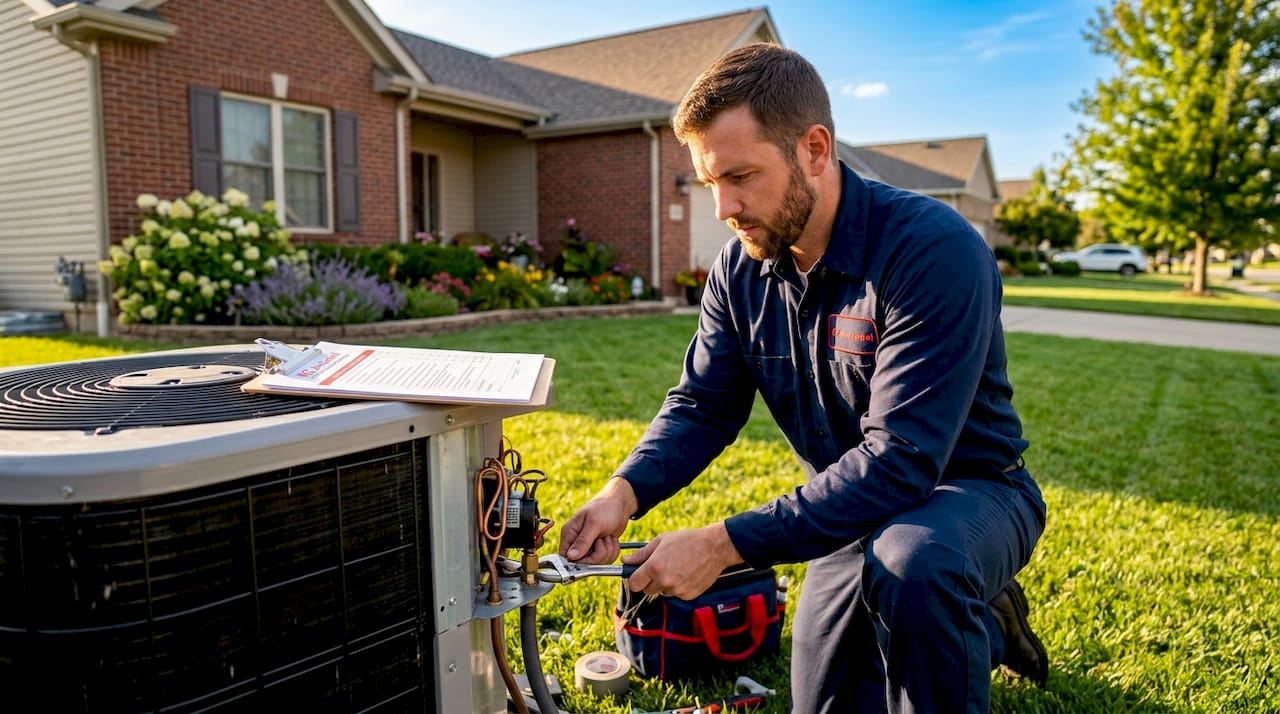 Technician installing efficient HVAC unit outdoors