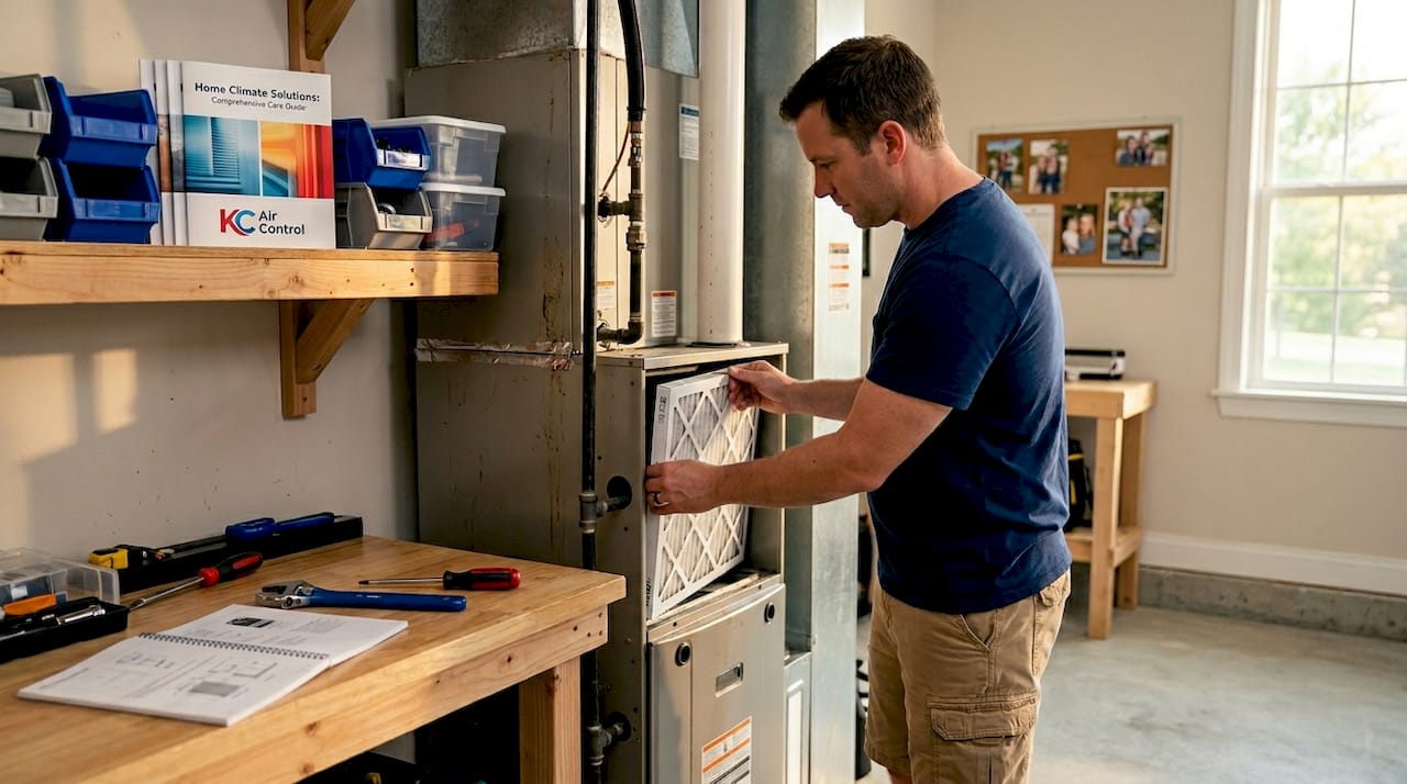 Hands replacing furnace air filter in home utility room