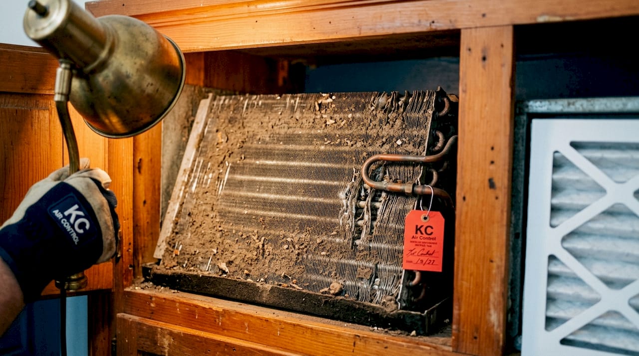 Close-up of dirty indoor AC coil