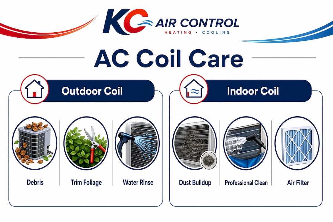 Infographic comparing outdoor and indoor AC coil maintenance