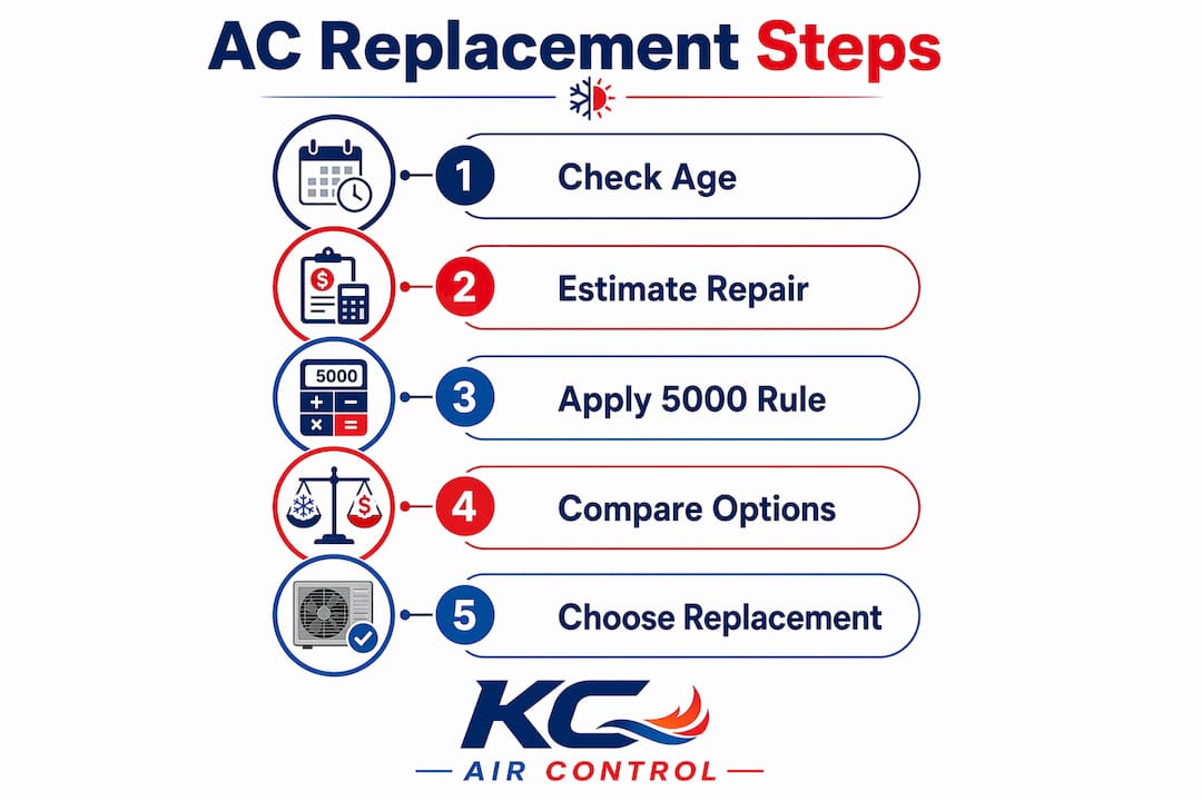 Infographic showing decision steps to repair or replace AC
