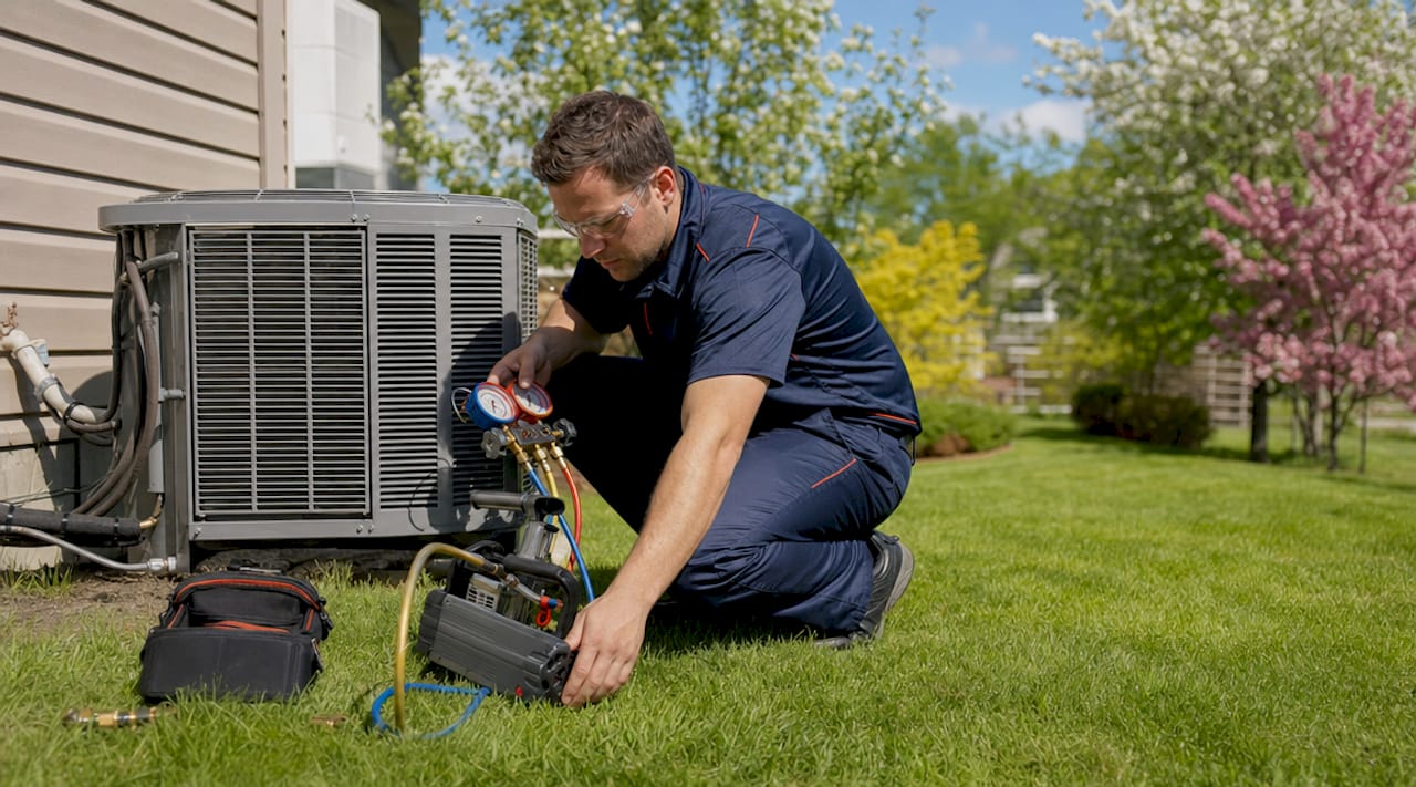 Technician inspecting residential HVAC unit outdoors
