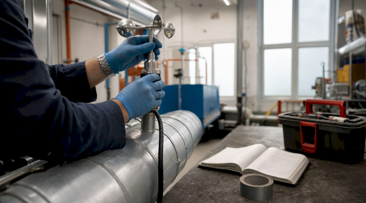 Close-up of hands measuring HVAC airflow with tools