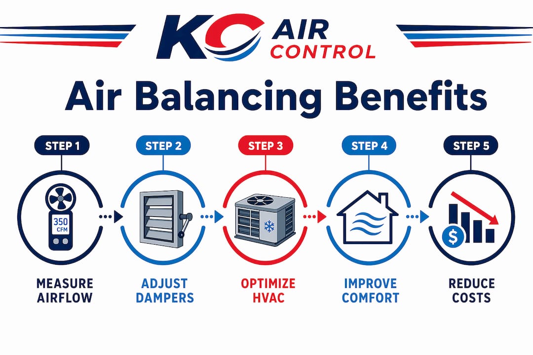 Infographic showing five-step air balancing process with benefits