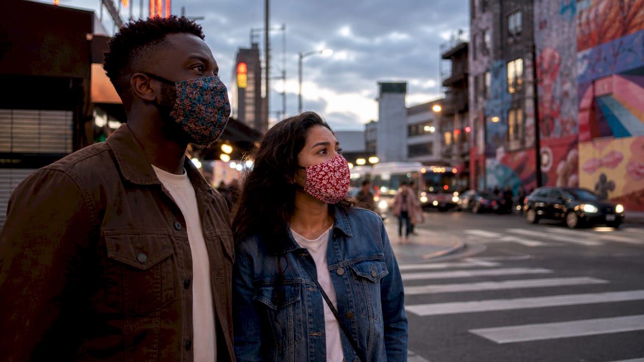 People walking outdoors wearing masks due to air pollution