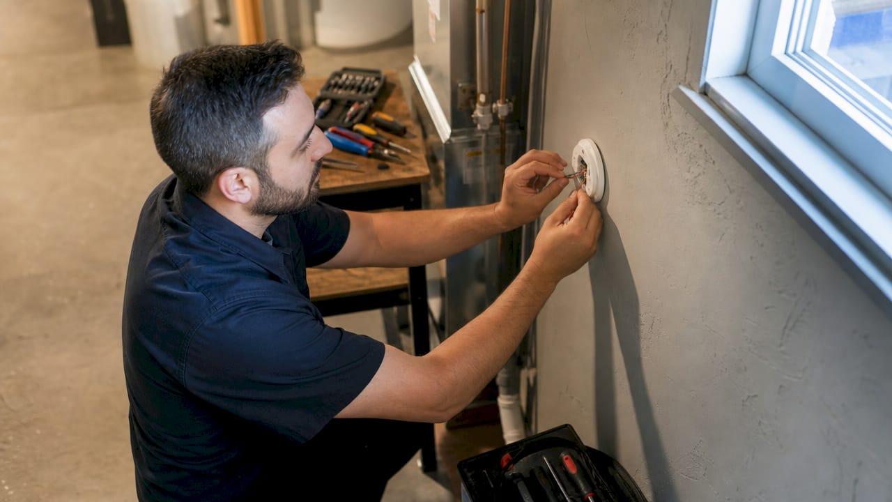 Hands installing thermostat sensor on wall