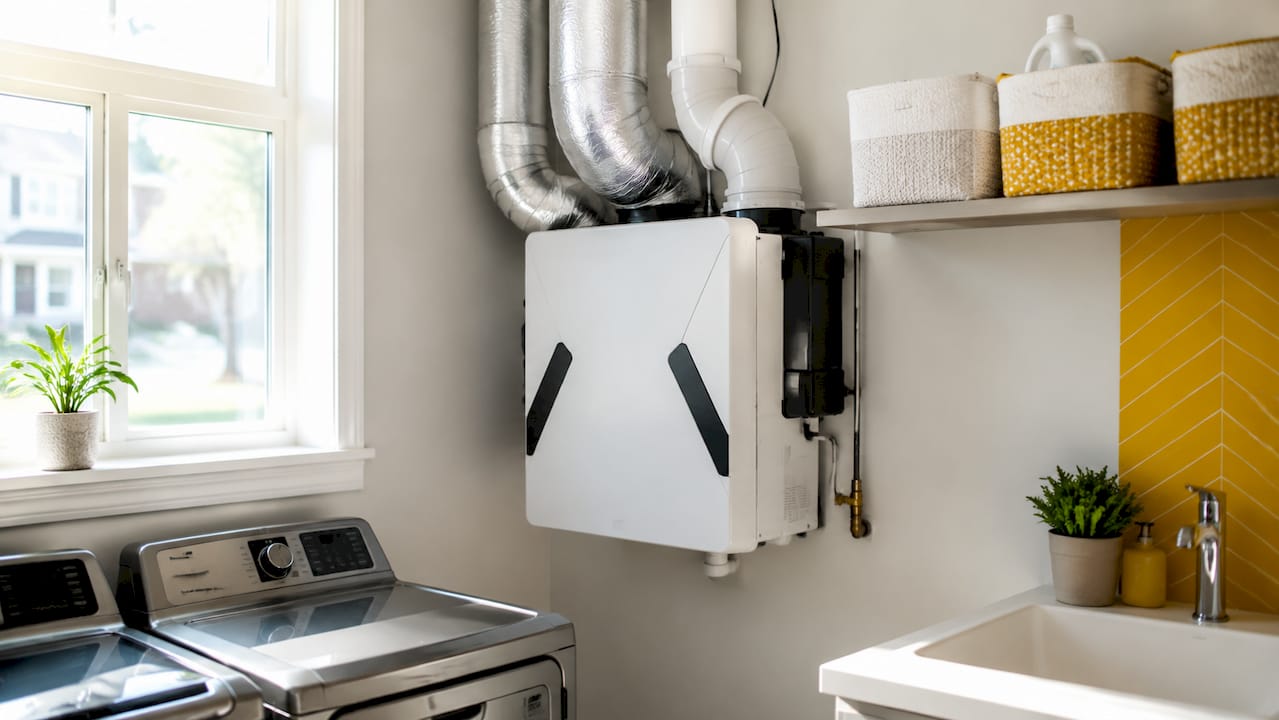Heat recovery ventilator unit in home utility closet
