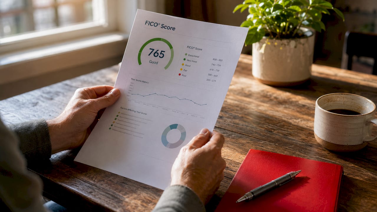 Hands reviewing FICO score report with calculator
