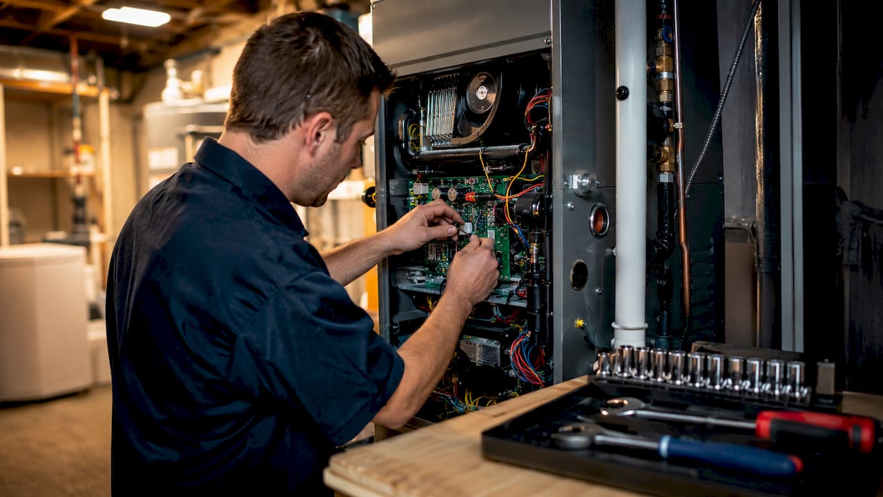 Technician repairing furnace control panel