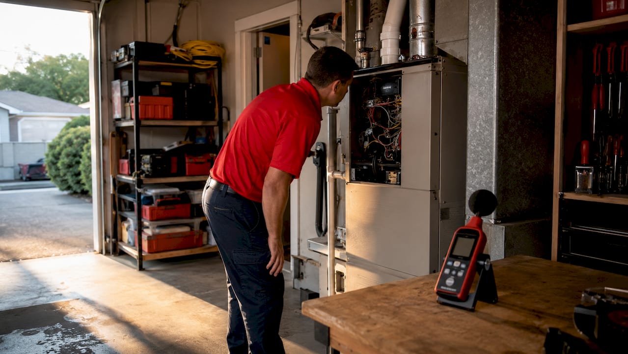 Technician testing AC unit for strange noises