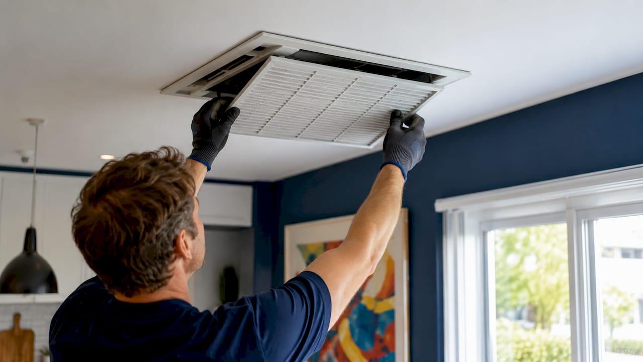 Hands removing AC air filter indoors