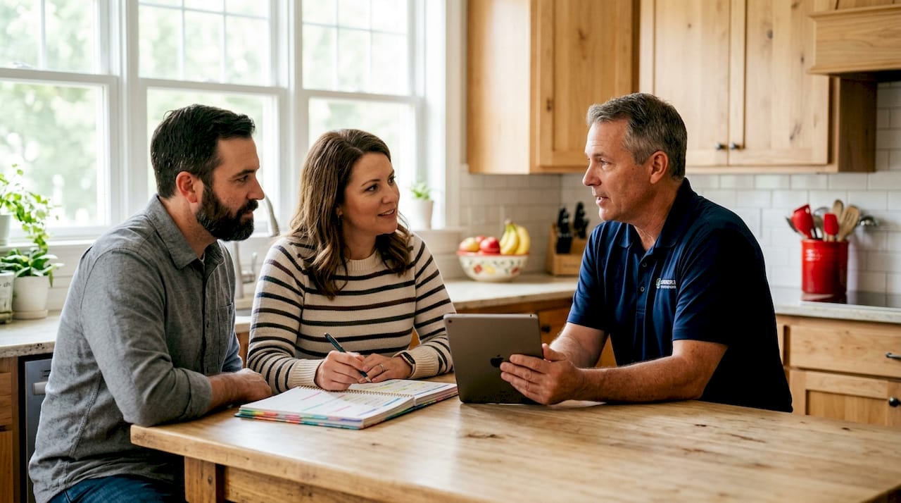 Contractor explaining HVAC financing process to couple