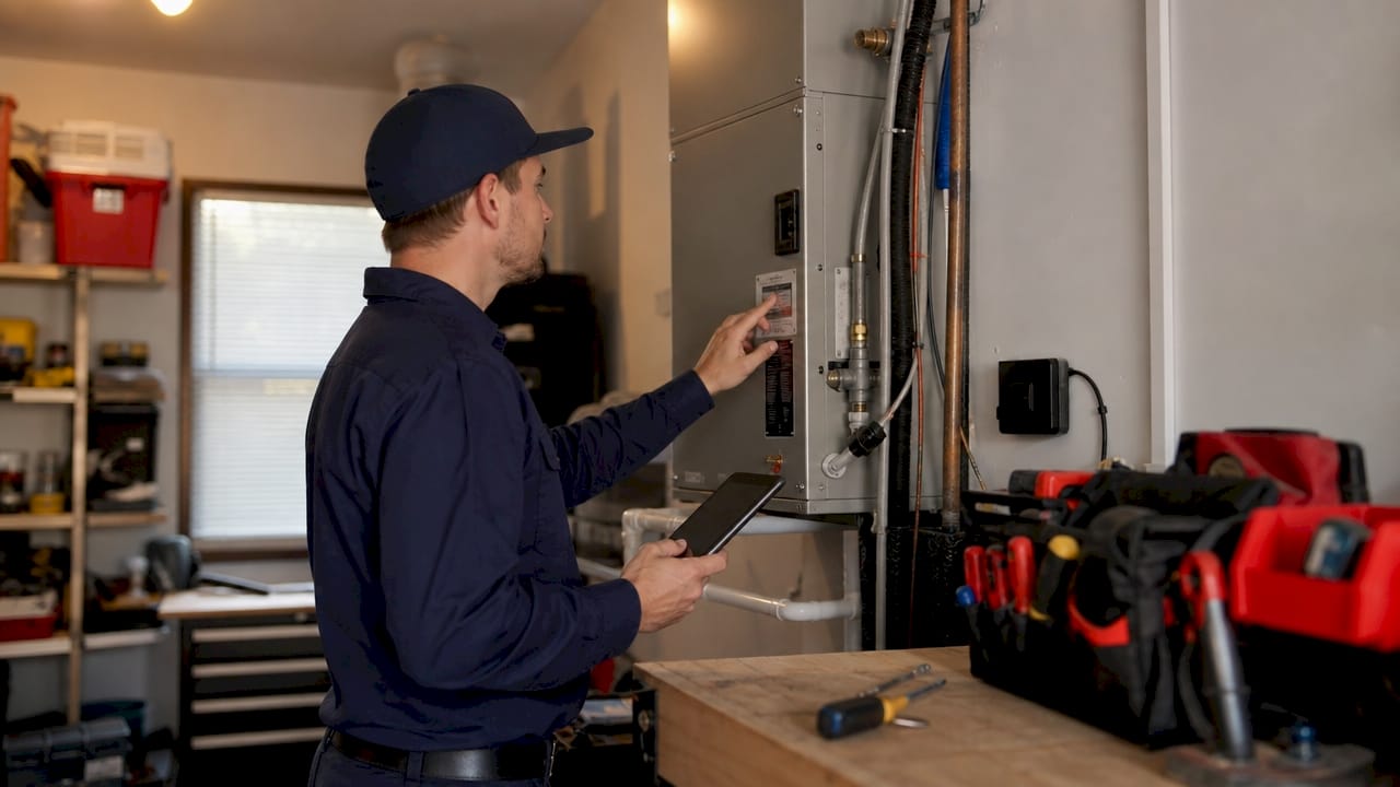 Technician inspecting HVAC unit nameplate
