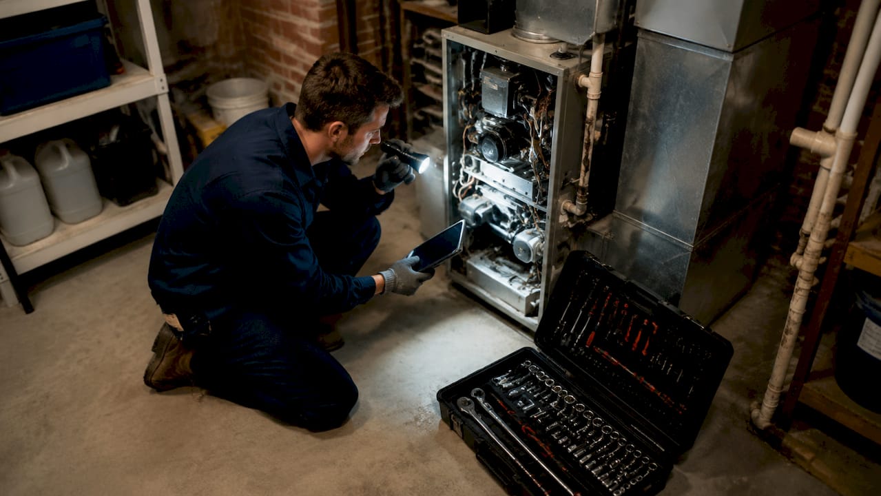 HVAC technician inspecting furnace in basement