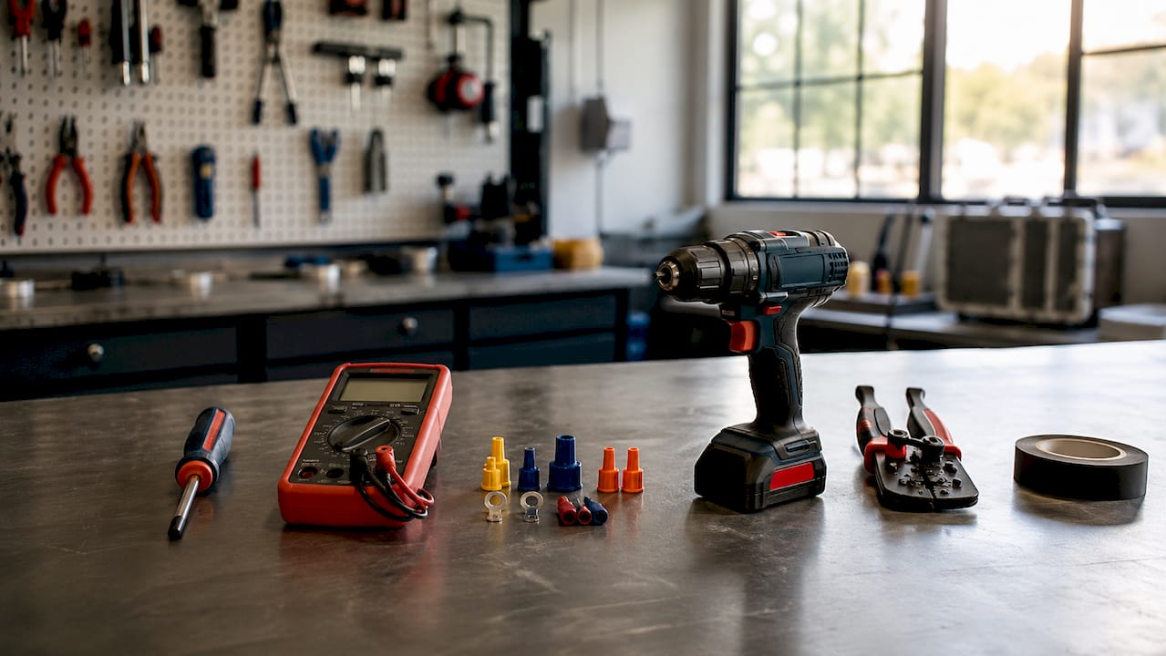 Close-up of thermostat installation tools on workbench