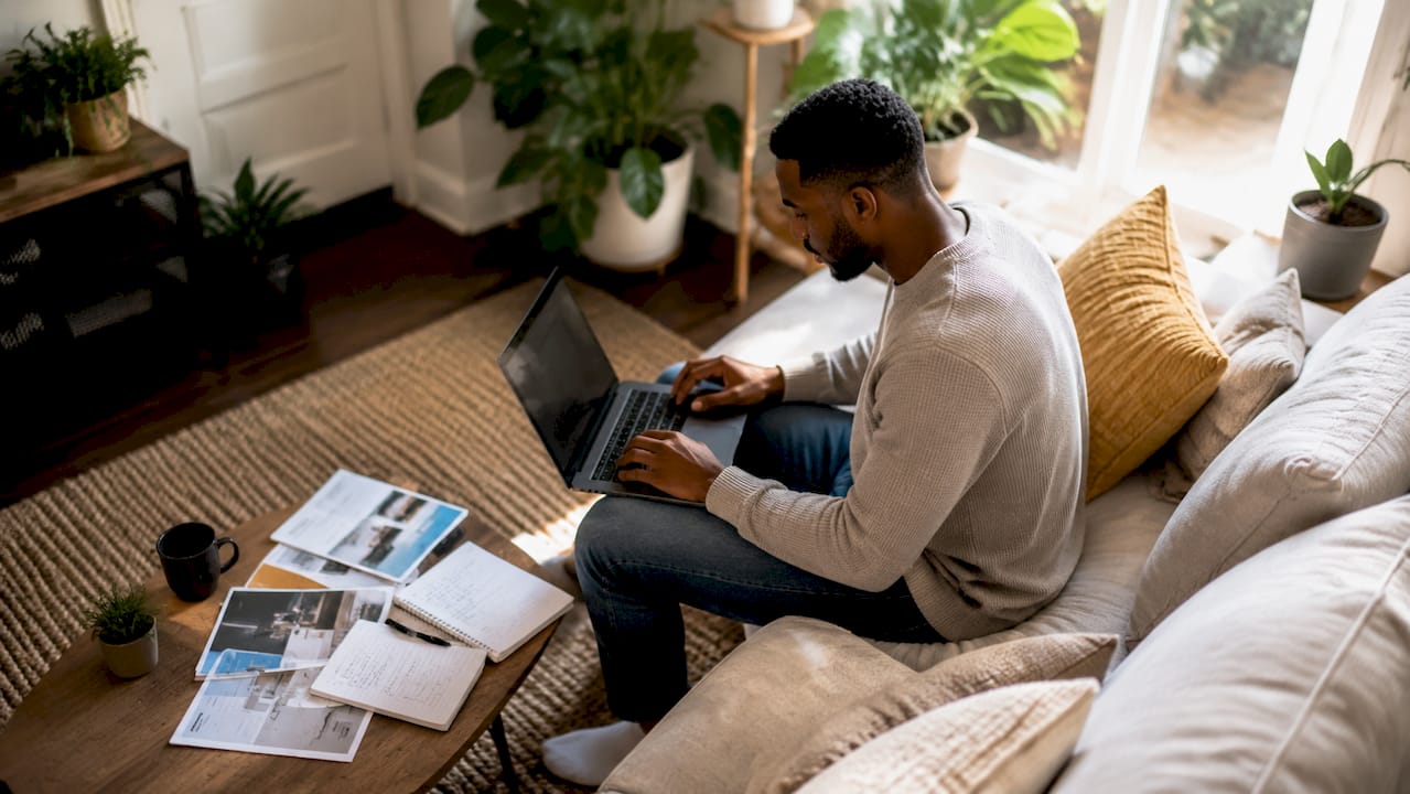 Man planning energy-efficient HVAC financing in home office