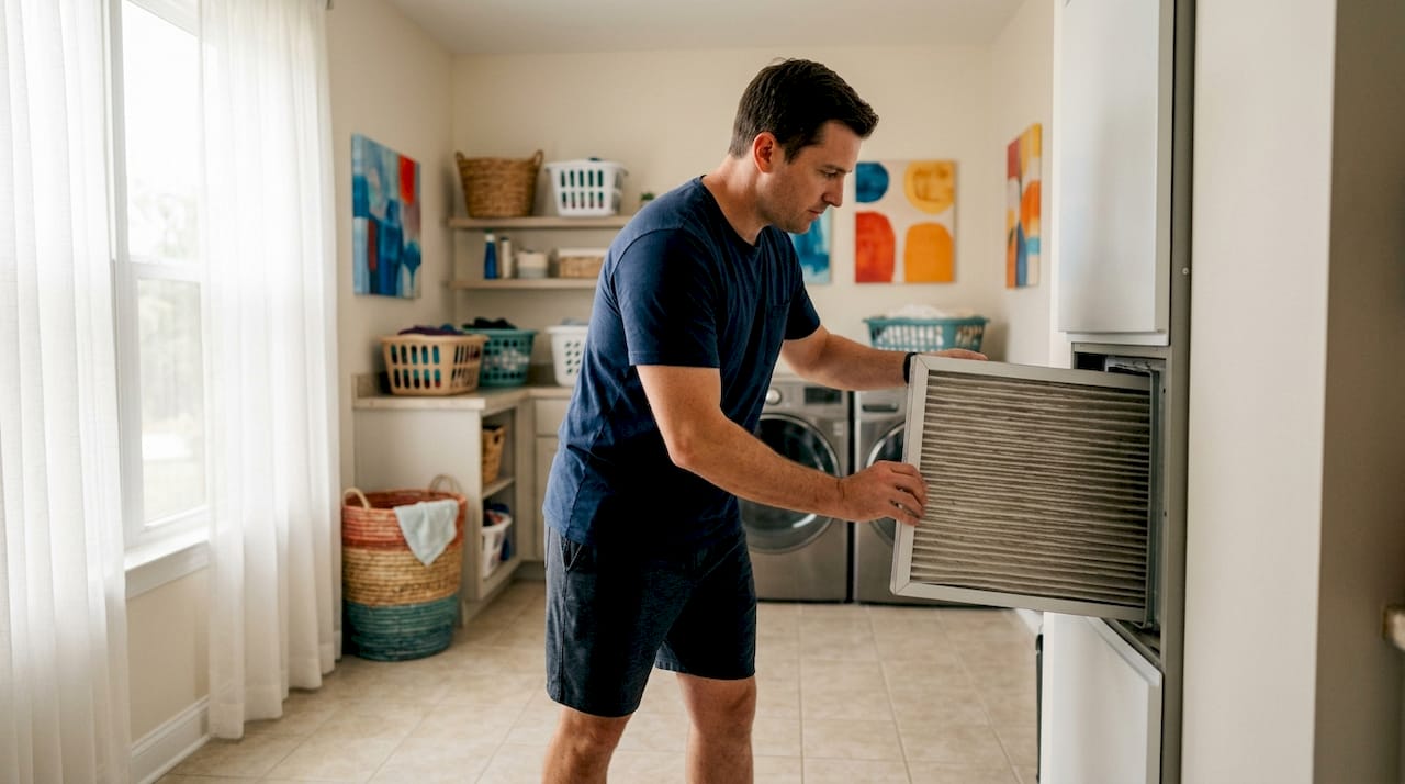 Hands replacing HVAC air filter indoors