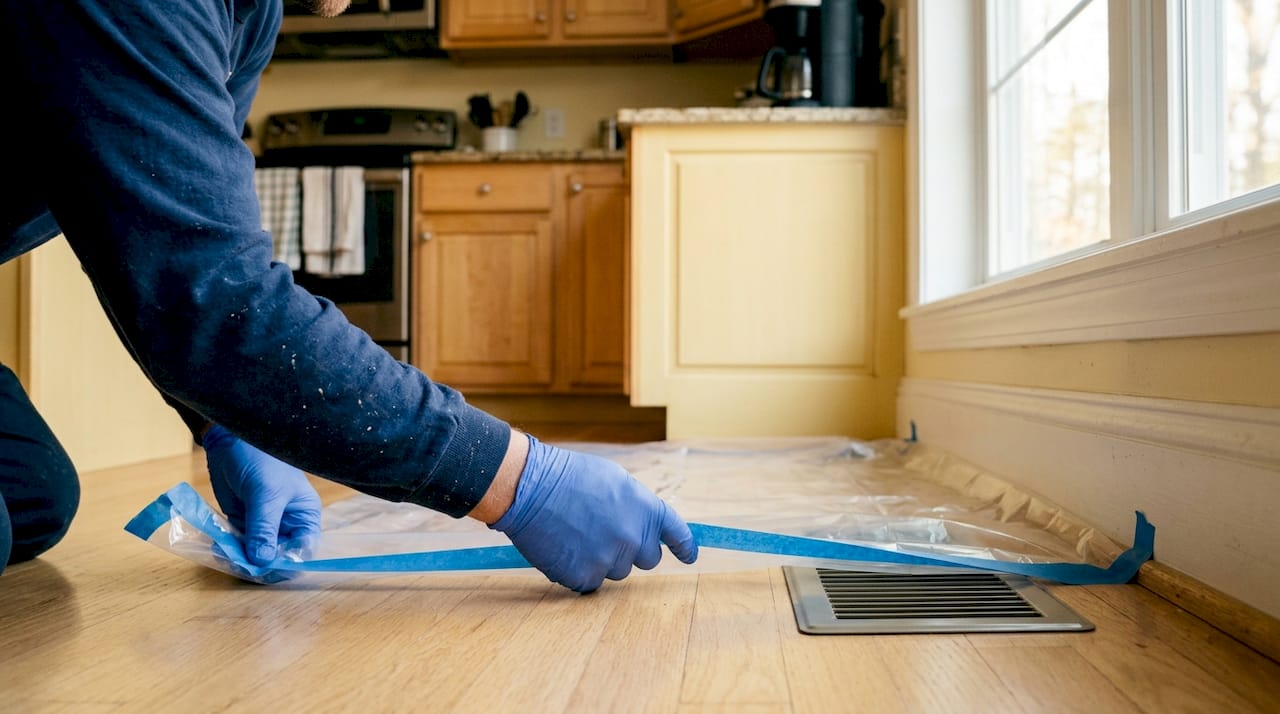 Hands sealing HVAC vent with plastic sheeting for protection