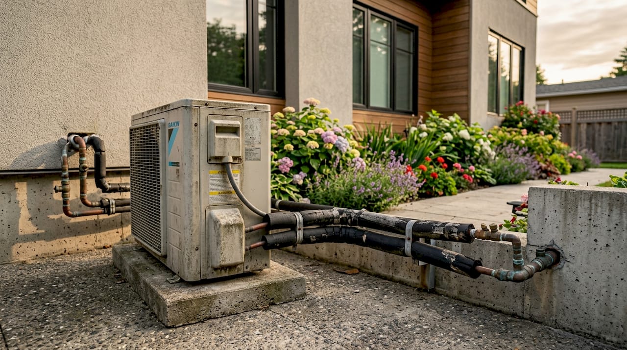 Close-up heat pump refrigerant copper piping