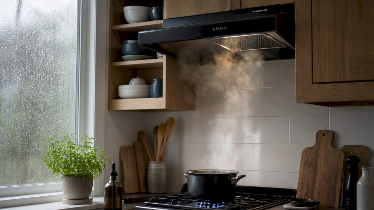 Kitchen exhaust fan removing moisture and steam