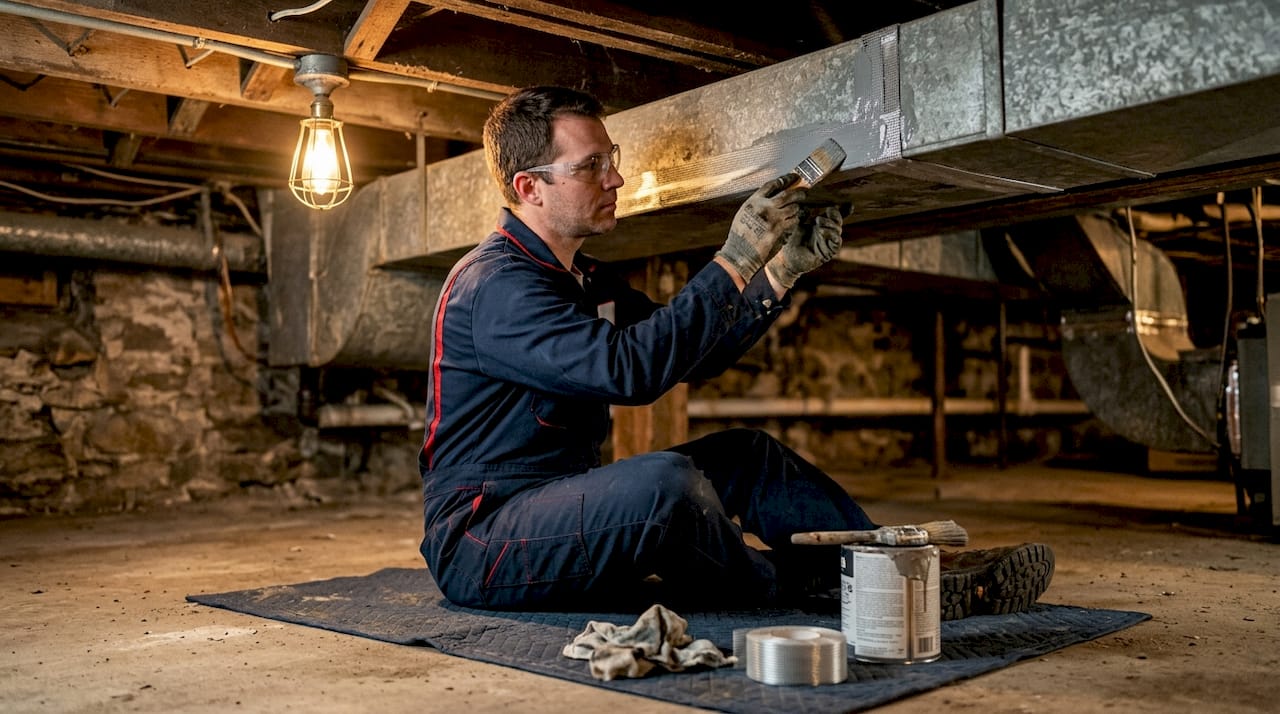 Technician sealing duct seams with mastic