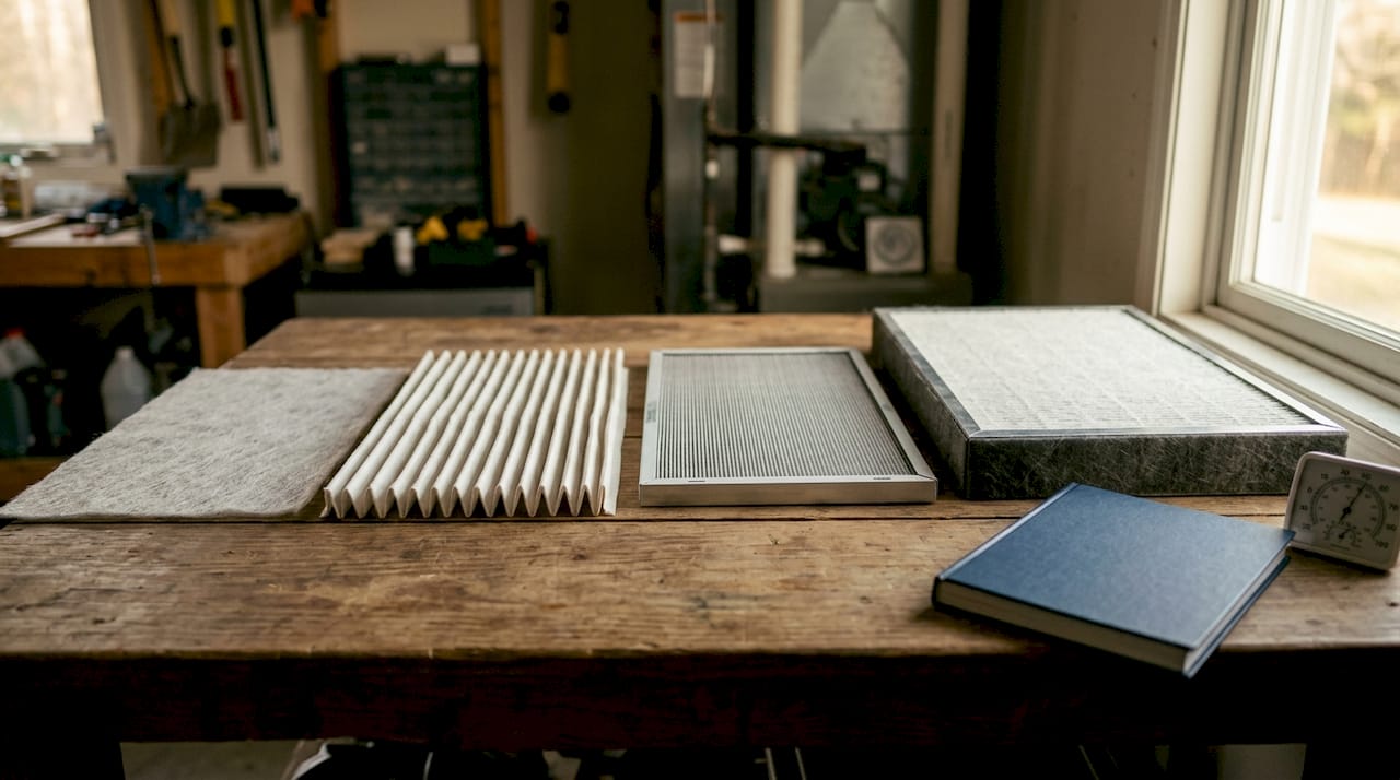 Various HVAC air filter types on white surface